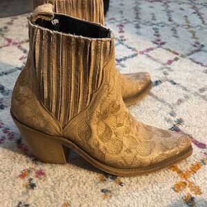 Liberty Black Floral Embroidered Tan Ankle Boots